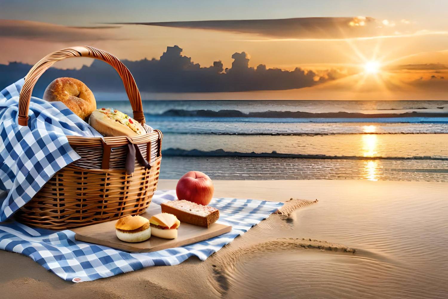 A picnic basket with bread on a blue-checked cloth by the seaside at sunrise.