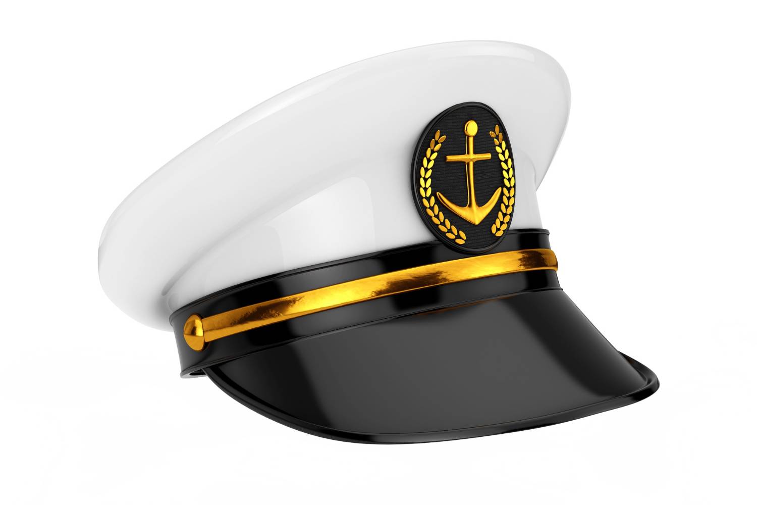 A captain's white hat with a gold anchor emblem, symbolizing leadership on 11-person pontoon boats.