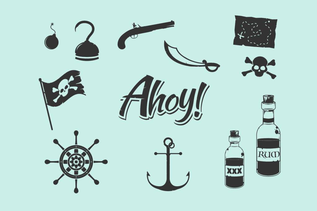 Pirate-themed items with "Ahoy!" text, for a nautical adventure.