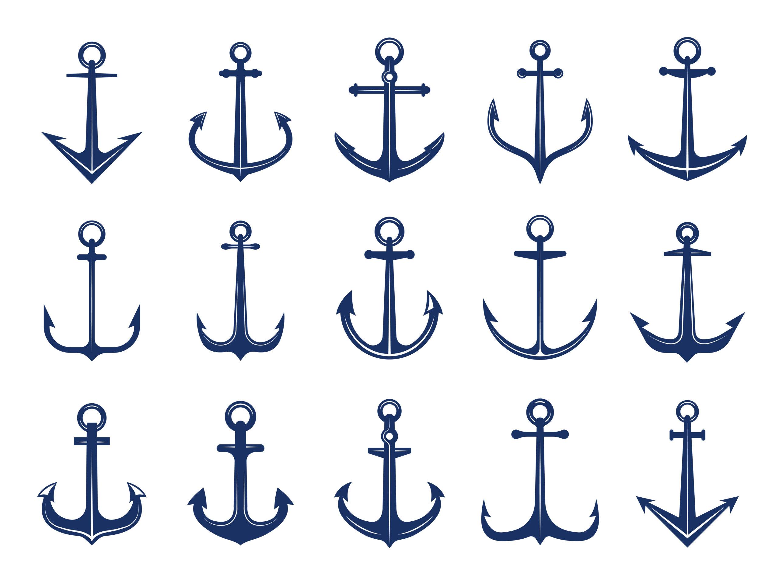 A variety of blue anchor icons arranged in a grid on a white background.