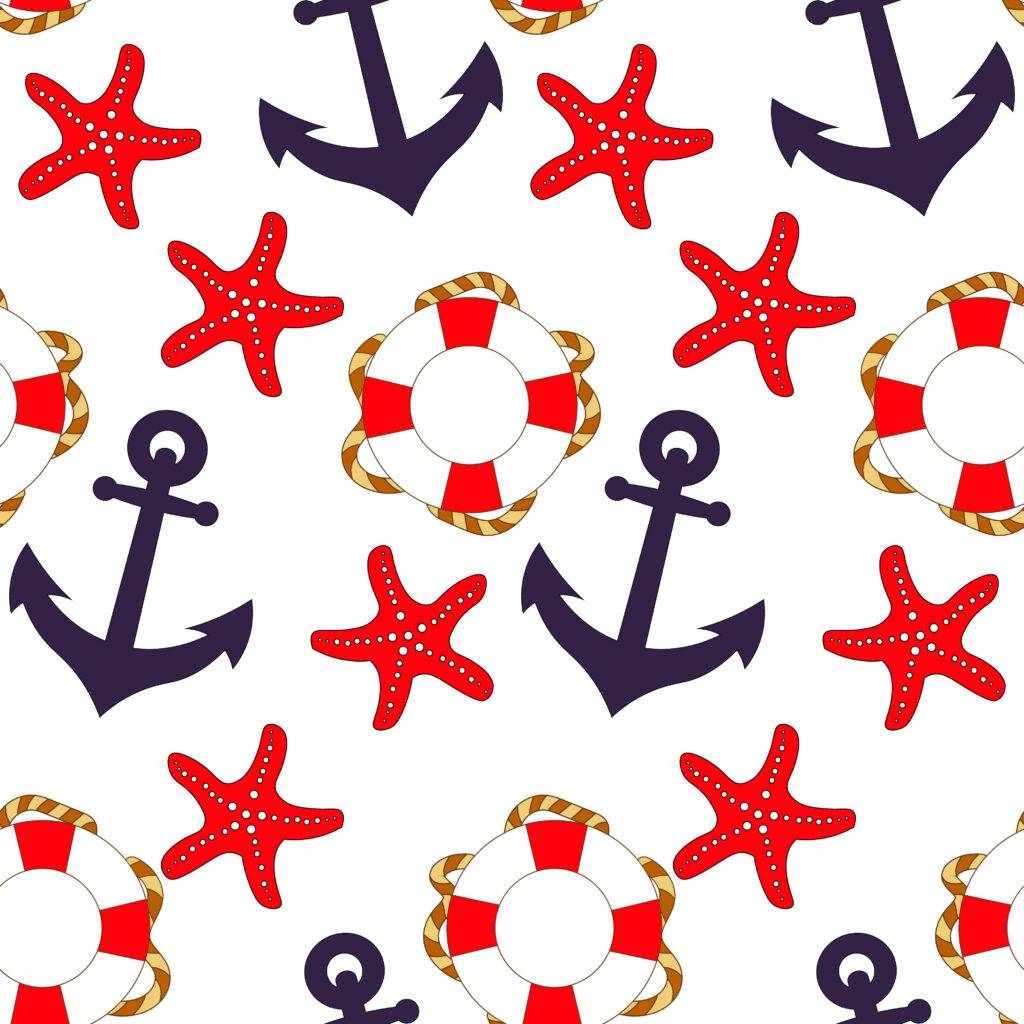 Nautical pattern with anchors, starfish, and lifebuoys on a white background.