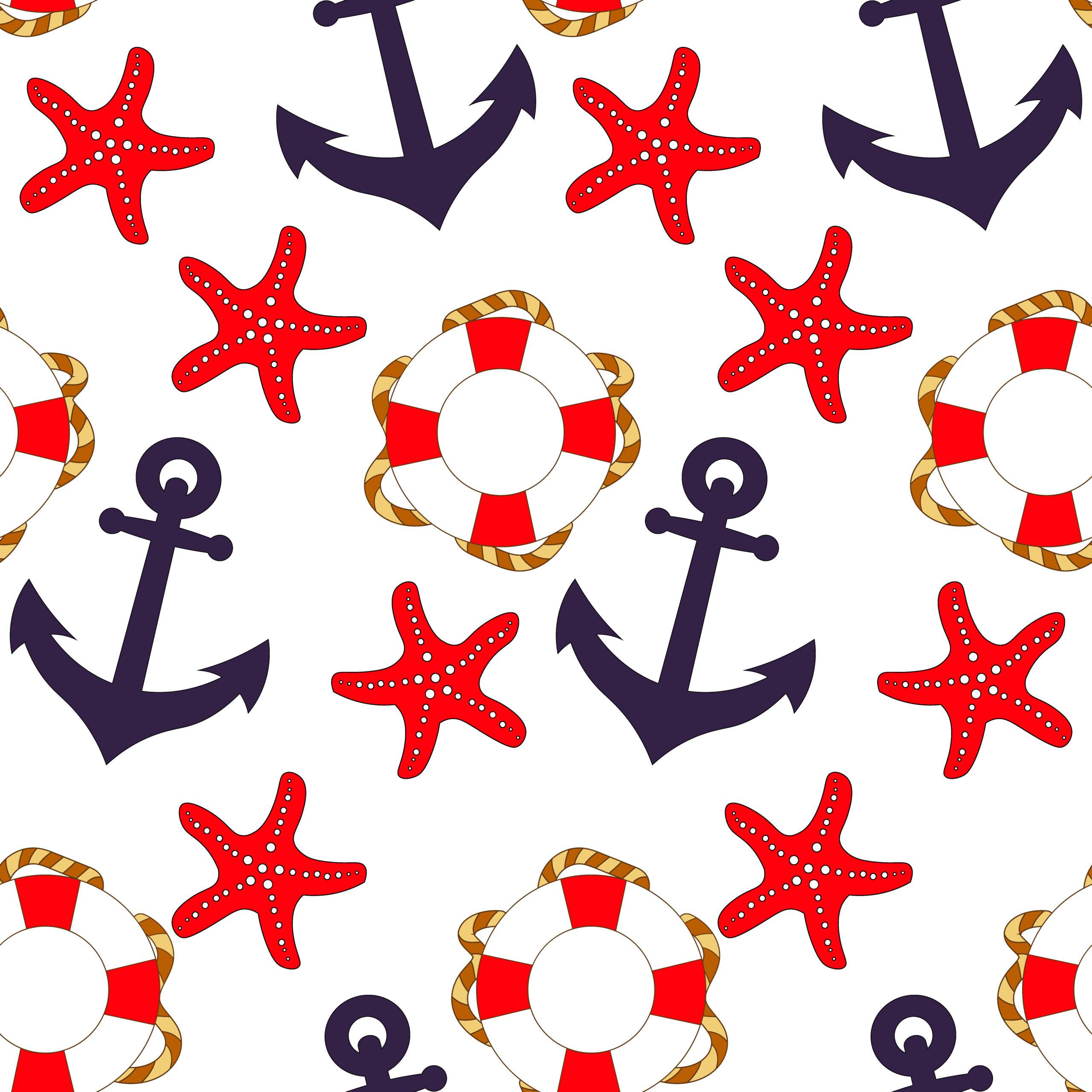 Nautical pattern with anchors, starfish, and lifebuoys on a white background.