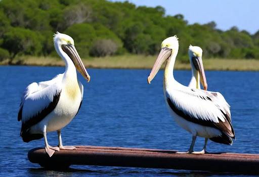 Alt text: "Two pelicans with white and black plumage standing on a narrow floating structure on a bright sunny day, with clear blue water and green foliage in the background."
