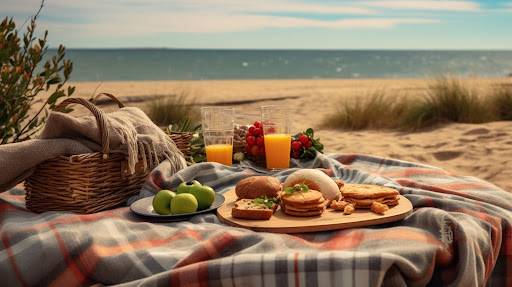 Beach picnic setup with a plaid blanket and basket, ideal for a pontoon picnic outing.