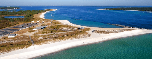 Aerial view of a sandy shore, a prime spot for pontoon anchoring in Panama City.