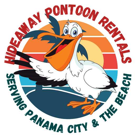 Hideaway Pontoon Rentals logo with a pelican, serving Panama City & the beach.