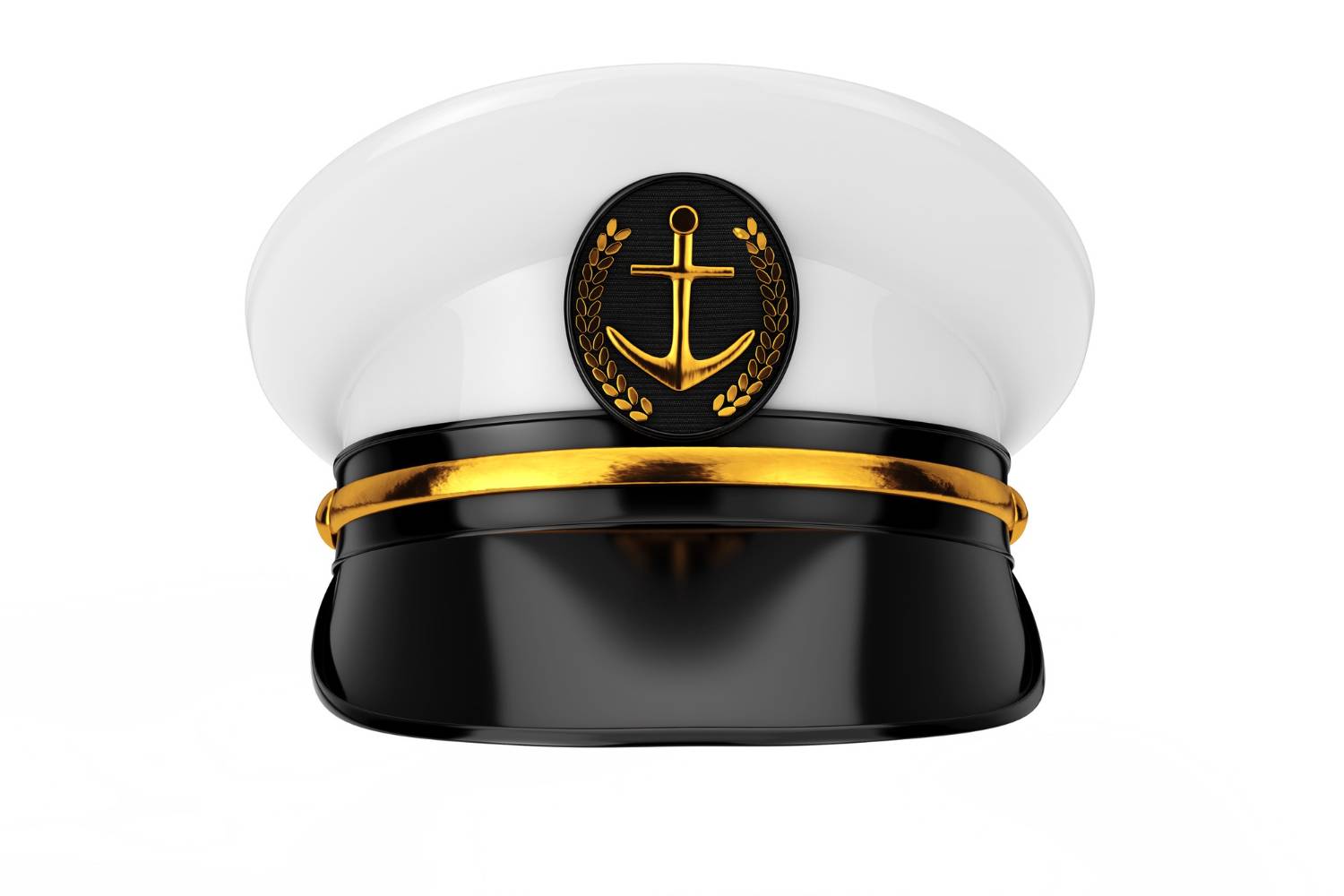 "A captain's hat with a shiny black brim and a golden anchor emblem, symbolizing nautical authority."