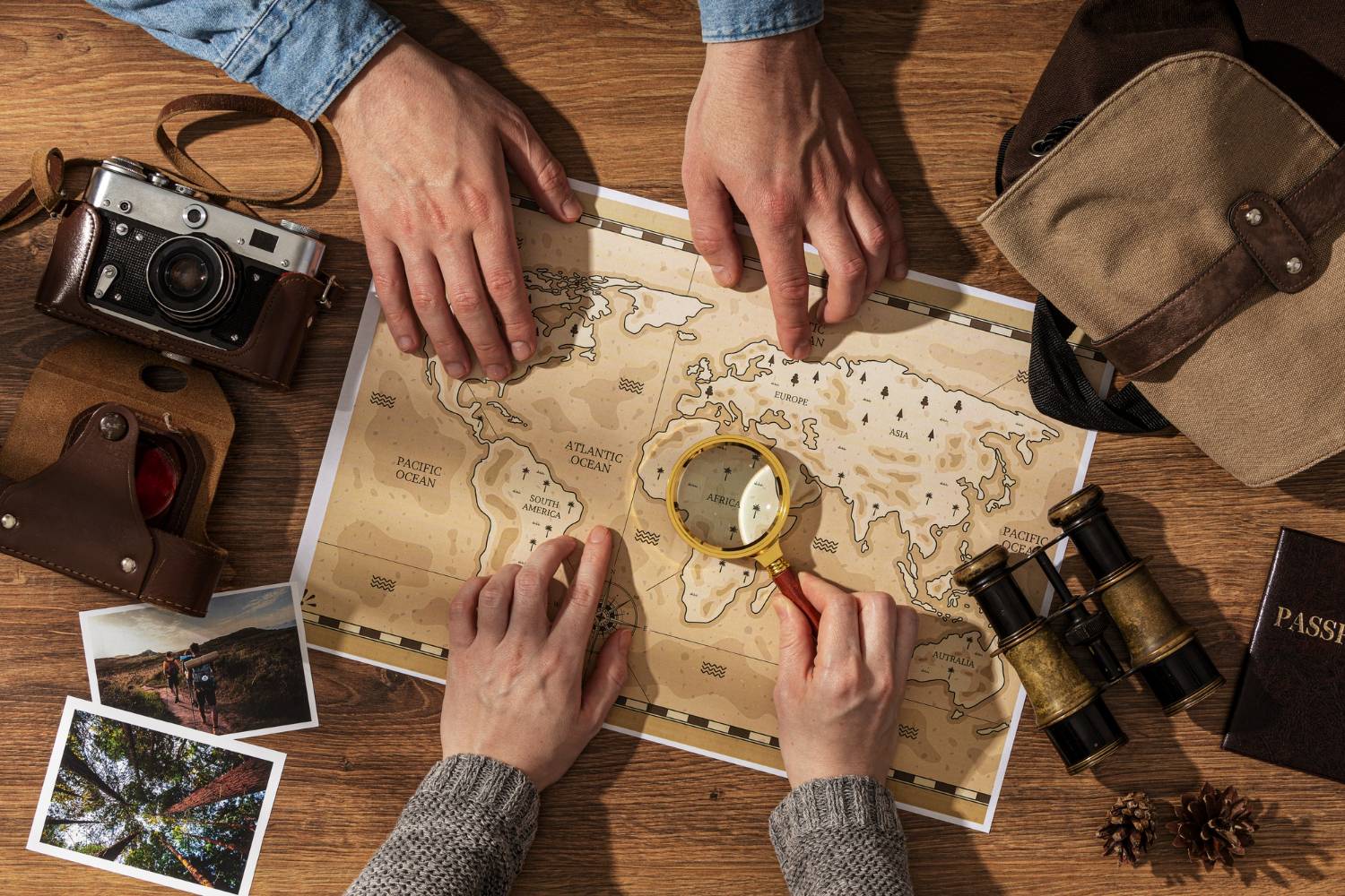 Hands examining a world map with a magnifying glass, camera, and binoculars, planning an adventure.
