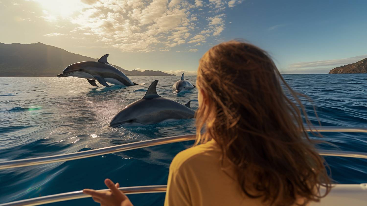 "A woman watches in awe as dolphins arc over the waves in a stunning encounter at sea."