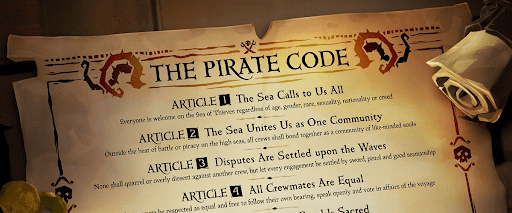 Scroll depicting "The Pirate Code" with articles about equality and resolution at sea.