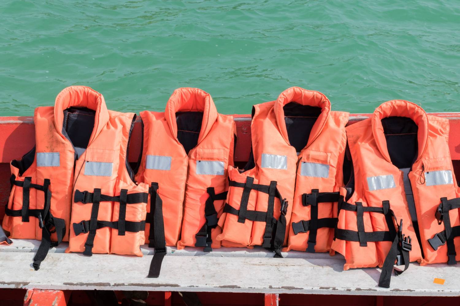 Life jackets on a boat, safety gear for 10 person pontoon boats.