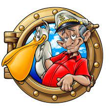 Cartoon of a sailor and seagull in a porthole, evoking Panama City pontoon adventures.