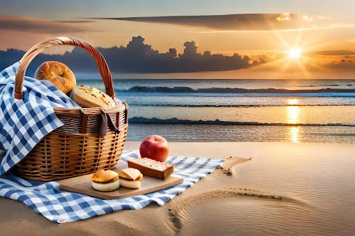 Picnic basket on the beach at sunset, perfect for a pontoon picnic.Sunset beach picnic scene with basket and blanket, perfect after a family pontoon rental.