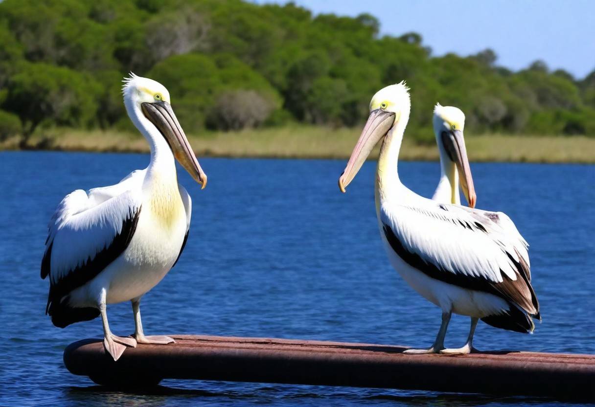 Two pelicans standing on a railing with a lush green background and a blue water body.