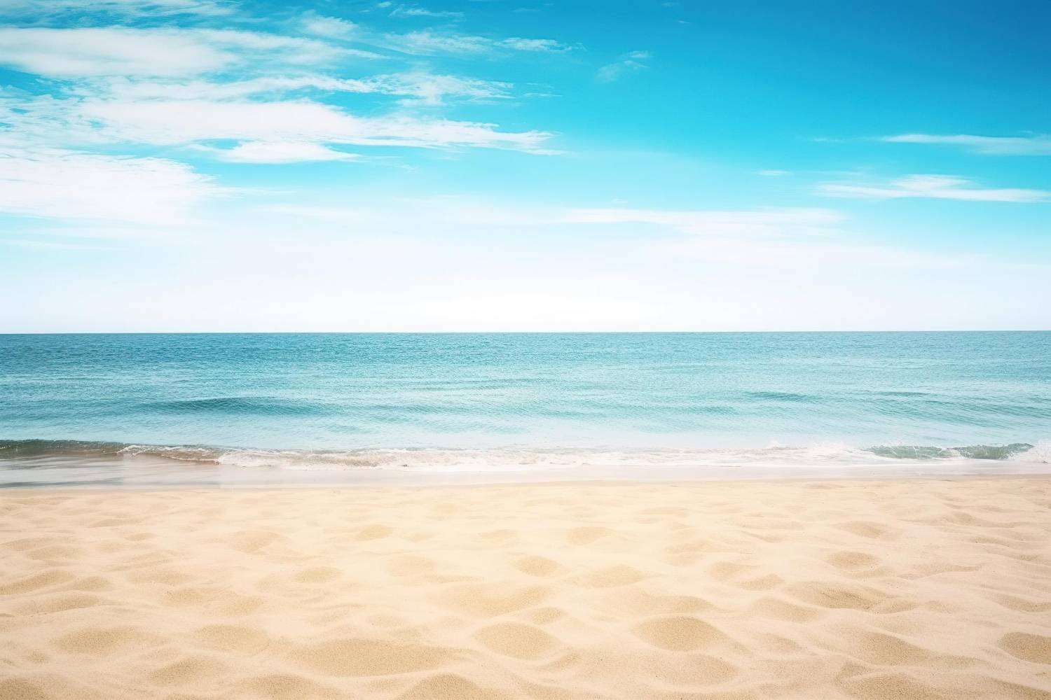 Serene beach scene with clear blue sky, calm ocean, and sandy shore.