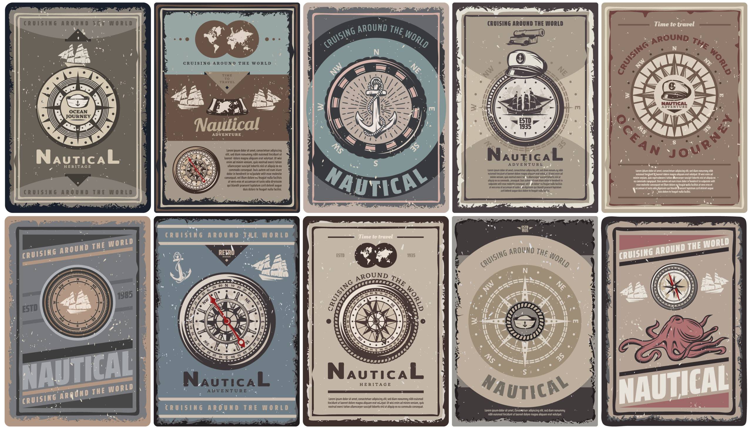 Nautical-themed posters featuring vintage designs, compasses, ships, anchors, and oceanic elements, titled "Cruising Around the World."